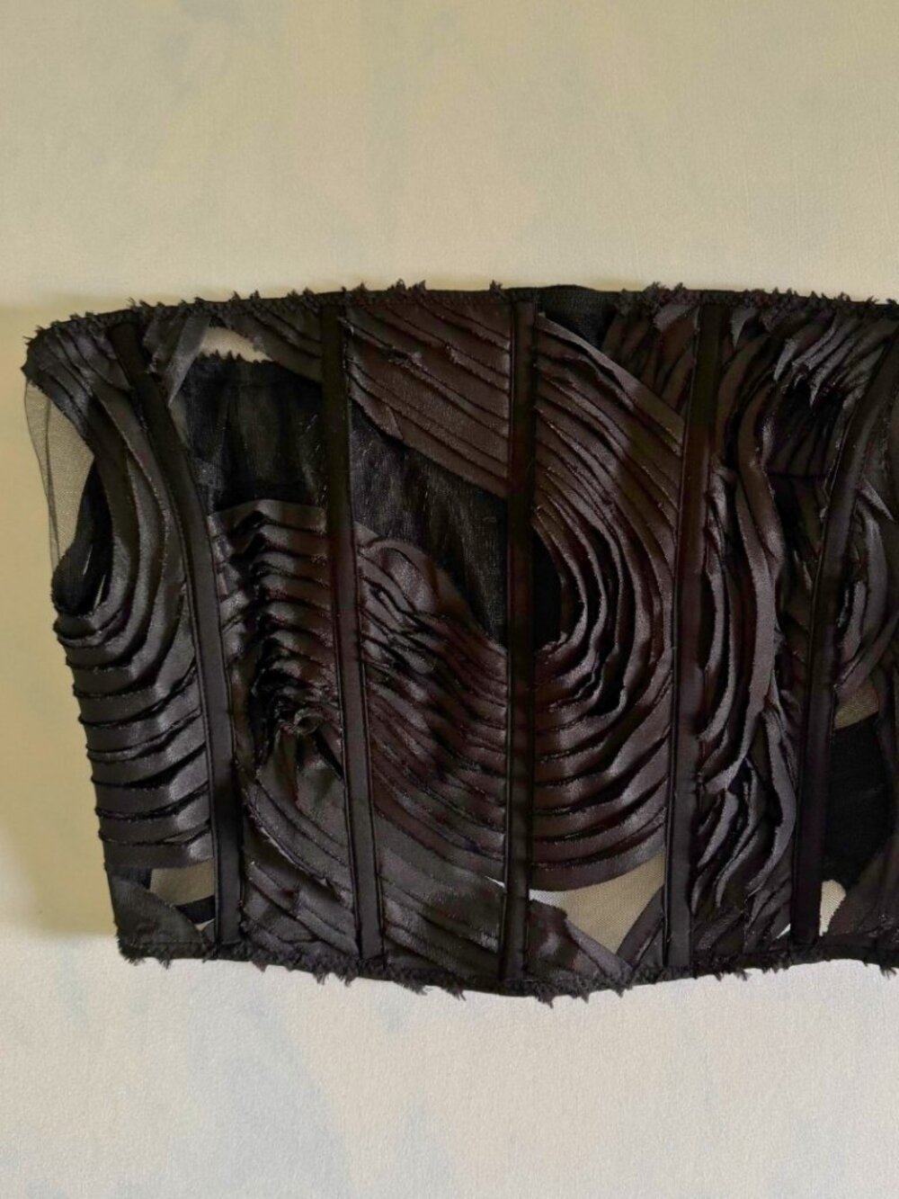 Black Strapless Abstract Fabric Swirls Mesh Boning Corset Top